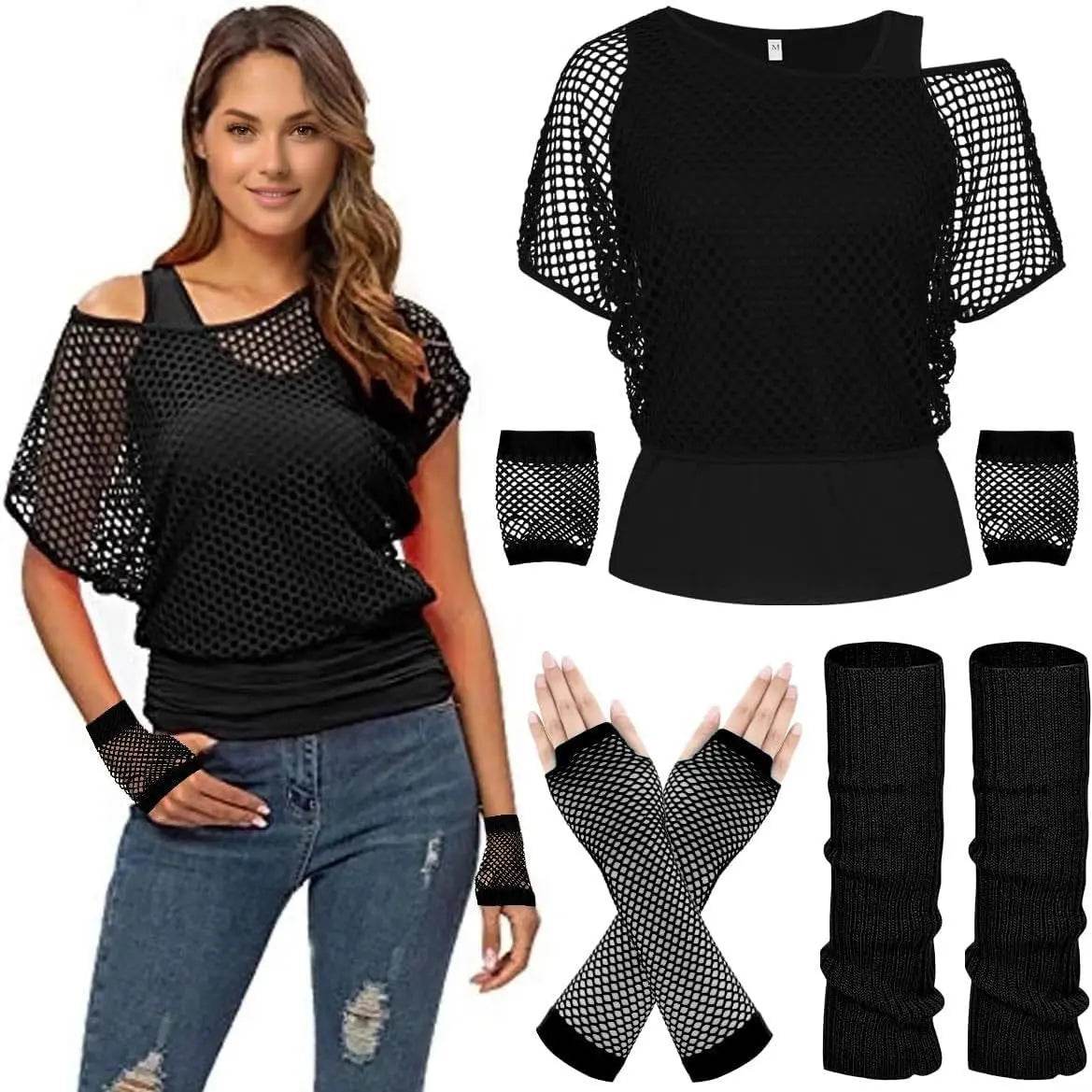 1980s Top Fishnet Women T-shirt Suit 80s Costumes Cosplay Party Carnival - Ecosfun