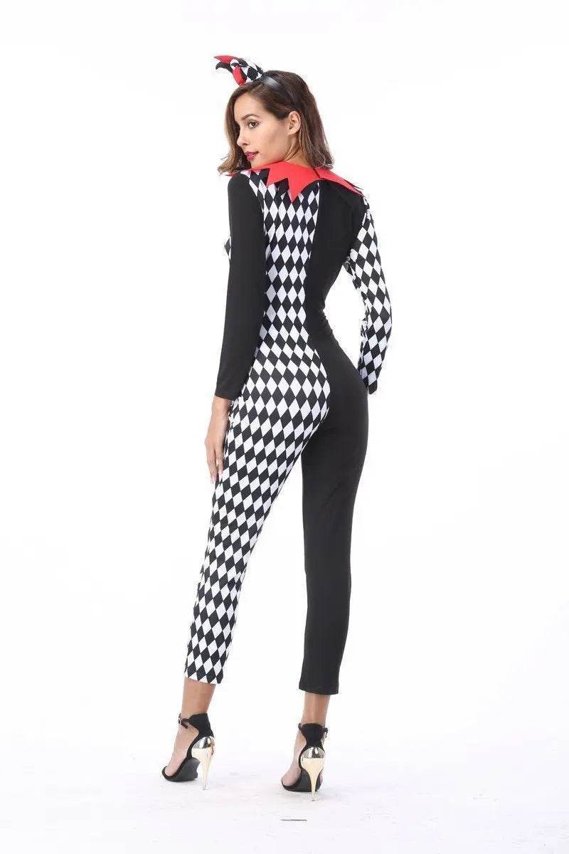 Adult Women Circus Clown Harlequin Jester Halloween Costume Jumpsuit - Ecosfun