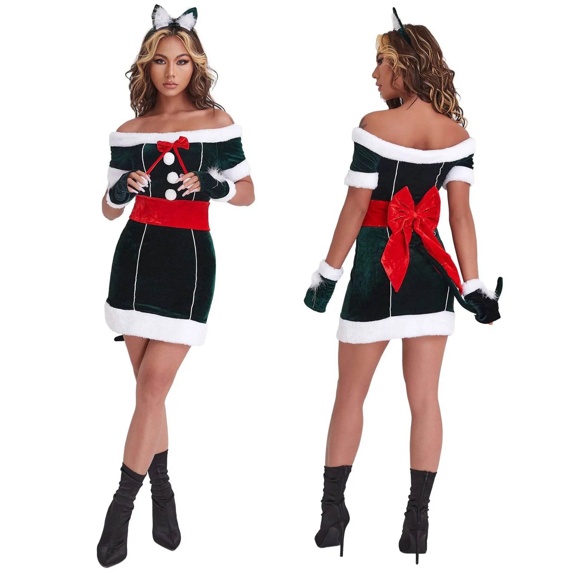 Christmas Off Shoulder Cute Cat Costumes Party Dress - Ecosfun