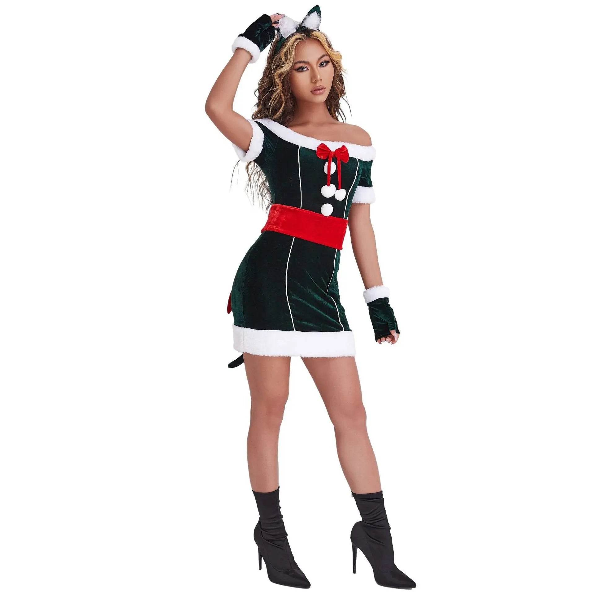 Christmas Off Shoulder Cute Cat Costumes Party Dress - Ecosfun