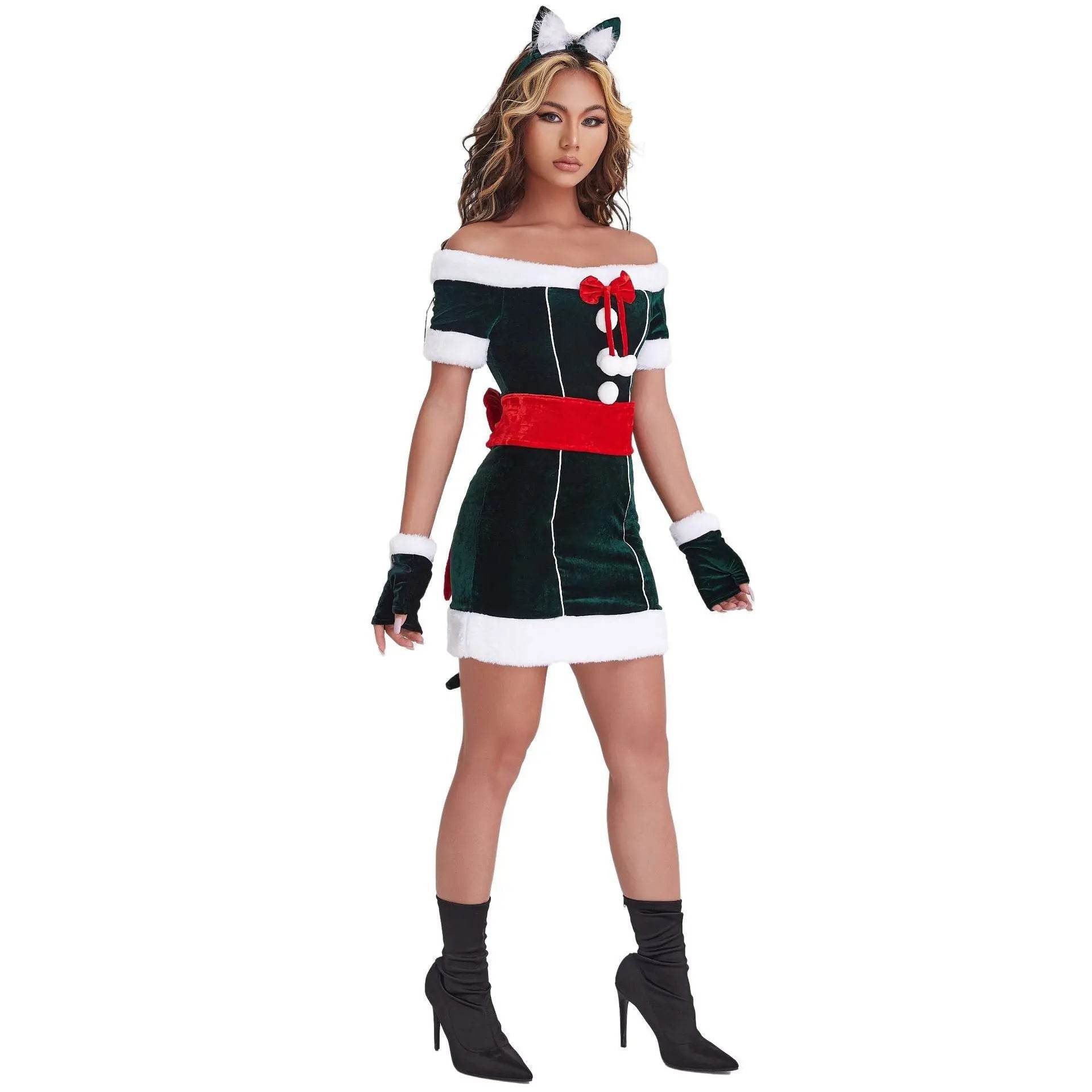 Christmas Off Shoulder Cute Cat Costumes Party Dress - Ecosfun