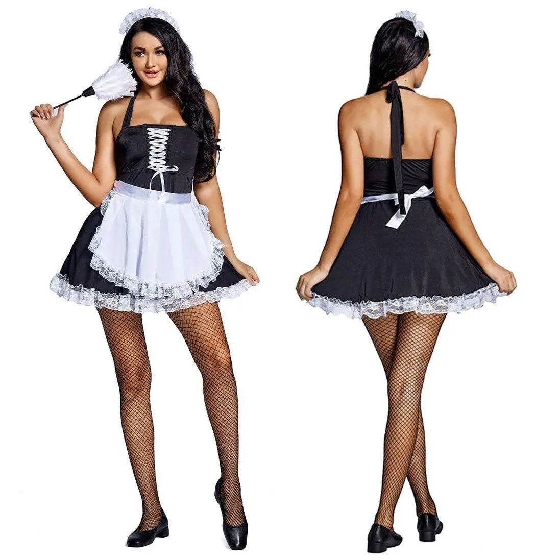 Black and white suspenders Japanese style maid Costume work clothes housekeeper lace short skirt - Ecosfun