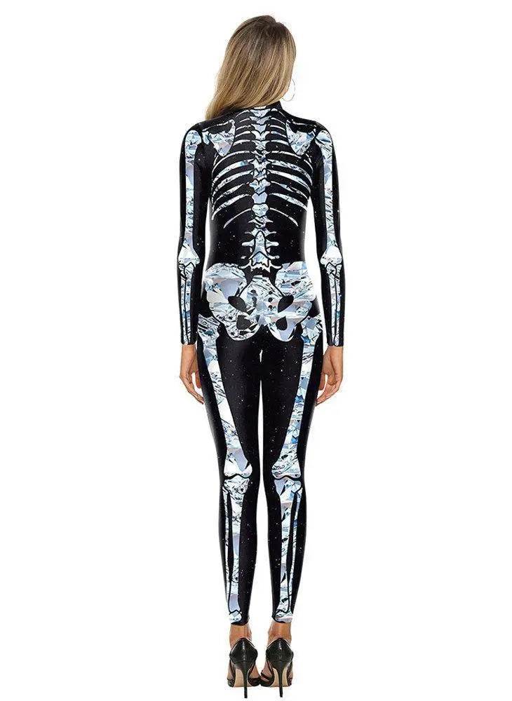 Halloween White Skeleton Elastic Bodycon Jumpsuit Cosplay Costume - Pajamasbuy