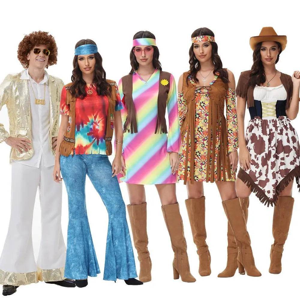 Halloween cosplay Adult retro 70s disco Hippie Fancy Dress Costume - Ecosfun